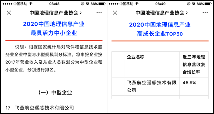 喜訊丨飛燕遙感榮獲2020中國地理信息產(chǎn)業(yè)最具活力中型企業(yè)榮譽稱號，榮耀入選2020中國地理信息產(chǎn)業(yè)高成長企業(yè)TOP50！